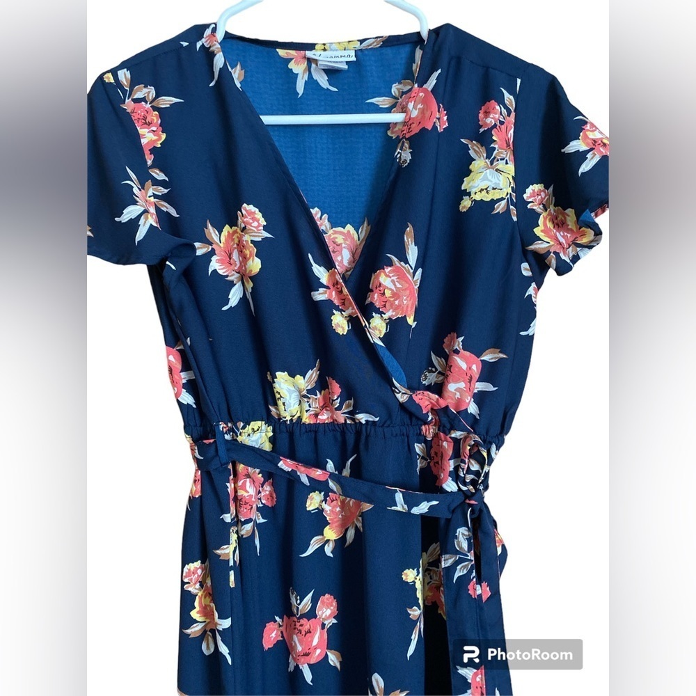 Oh Mamma wrap dress navy with floral pattern maxi length design medium